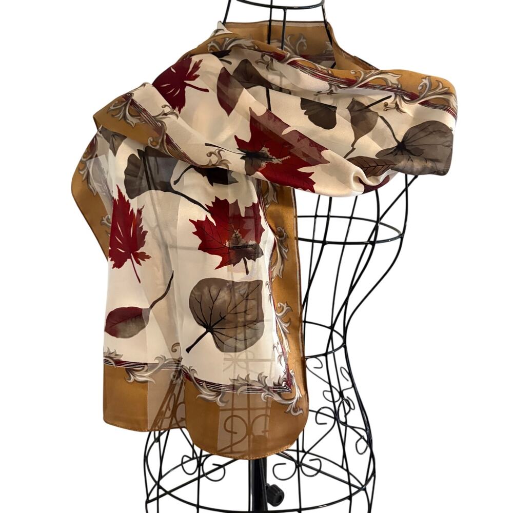 Vintage Cejon Autumn Leaf Stripe Status Print Long Scarf Wrap Glam Boho 13 x 58